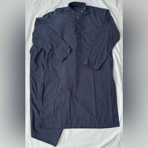 Mens 2 Piece Pakistani Cotton Shalwar Kameez Kurta Embroidered Navy Size M/L